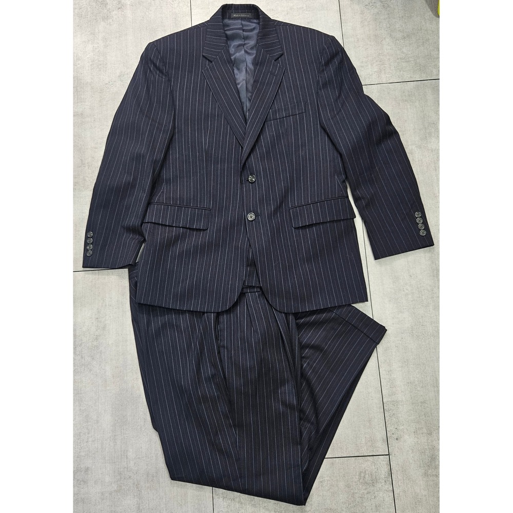 Chaps Ralph Lauren Mens Navy Blue Pinstripe 100% Wool 2 Piece Suit 40S 34W x 30L